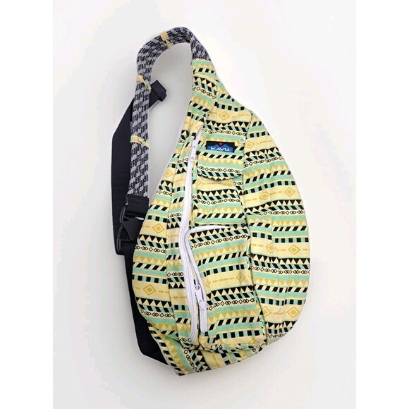 KAVU Rope Sling Bag Canvas Crossbody Backpack Green Yellow Southwest Messenger - Picture 1 of 6